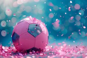 ai genererad rosa fotboll boll med gnistrande konfetti och glitter. generativ ai foto