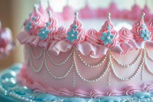 ai genererad söt prinsessa tema födelsedag kaka för en liten flicka med invecklad dekorationer. generativ ai foto