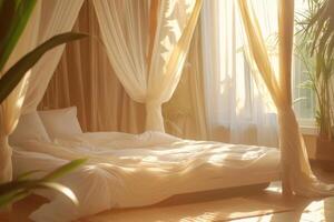 ai genererad tak säng i boho stil sovrum. säng med strömmande vit gardiner. generativ ai foto