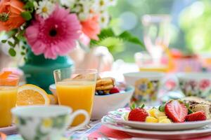 ai genererad närbild av en vackert uppsättning brunch tabell med färgrik maträtter. generativ ai foto