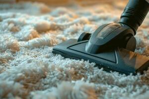 ai genererad arbetstagare avlägsnande smuts från matta med Vakuum rengöringsmedel inomhus. generativ ai foto