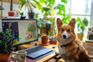 ai genererad söt hund på skrivbordet med anteckningsbok, kaffe kopp och växt i eleganta rum. frilans begrepp. generativ ai foto