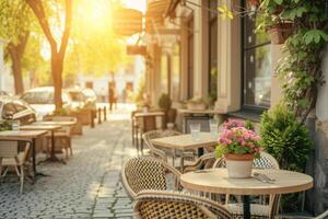 ai genererad utomhus- tömma restaurang terrass med tabeller och stolar. Kafé med tabeller utanför. generativ ai foto