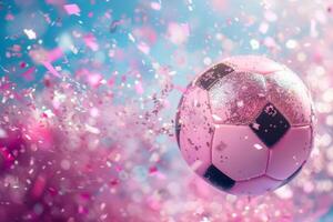 ai genererad rosa fotboll boll med gnistrande konfetti och glitter. generativ ai foto