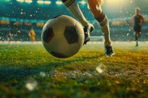 ai genererad fotboll spelare sparkar de boll mot de mål i de stadion. generativ ai foto