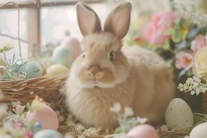 ai genererad påsk kanin mitt i nyckfull pastell glädjer mysigt scen med påsk rekvisita foto
