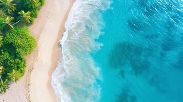 ai genererad tropisk strand paradis med kristall blå vatten, gyllene sand, och frodig handflatan träd för avkopplande sommar bakgrunder foto