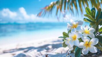 ai genererad sommarlik plumeria blommor mot en suddig strand bakgrund, perfekt för lugn och vibrerande sommar bakgrunder foto