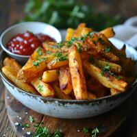 ai genererad Krispig franska frites med ketchup isolerat i en trä- tabell foto