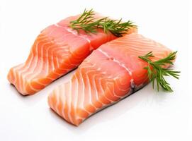 ai genererad rå lax fisk på vit bakgrund, topp se. friska mat. foto