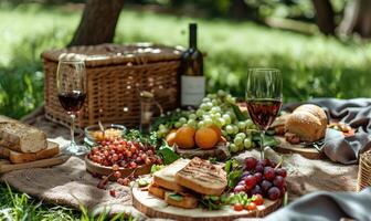 ai genererad picknick med vin, ost och vindruvor på en filt foto