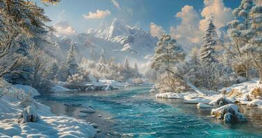 ai genererad vinter- landskap med flod och snö täckt träd foto