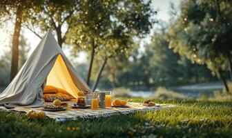 ai genererad grön gräsmatta, där är en ljus gul picknick trasa med en vit tält Nästa till Det. där är snacks och drycker foto