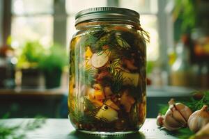 ai genererad inlagd grönsaker i en glas burk på de tabell i de kök foto