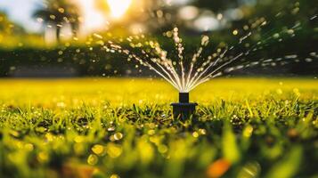 ai genererad trädgård sprinkler vattning gräs i de trädgård foto