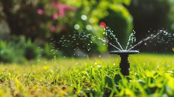 ai genererad trädgård sprinkler vattning gräs i de trädgård foto