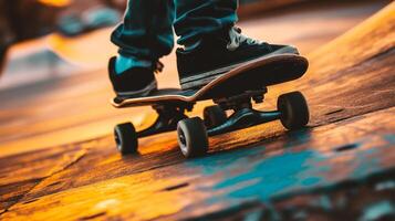 ai genererad skateboarder skateboard på skatepark solnedgång stadsbild bakgrund foto