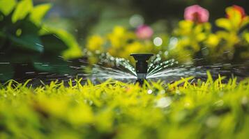 ai genererad trädgård sprinkler vattning gräs i de trädgård foto