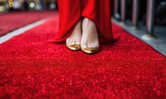 ai genererad en glamorös affär kvinna i röd klänning lyser på röd matta foto