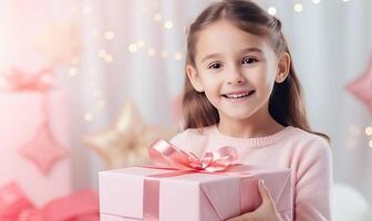 ai genererad en förtjust liten flicka innehav en ljus rosa gåva låda foto