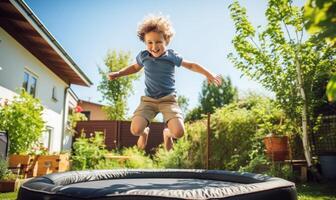 ai genererad pojke Hoppar på trampolin i bakgård foto