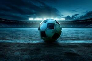 ai genererad närbild av gammal fotboll boll i de stadion i de kväll ljus, generativ ai foto