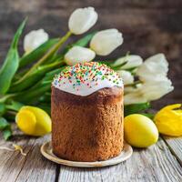 påsk ägg panettone bröd kaka bakgrund Lycklig påsk vår Semester tulpan foto