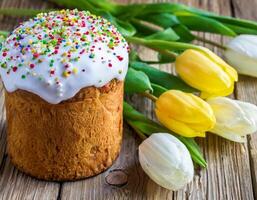 påsk ägg panettone bröd kaka bakgrund Lycklig påsk vår Semester tulpan foto