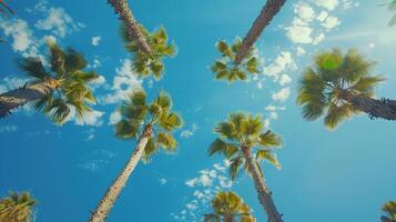 ai genererad blå himmel och handflatan träd. strand, sommar, semester, resa, tropisk, hav, Semester, ö, moln, dag foto