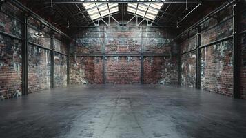 ai genererad tömma gammal lager med industriell loft stil. tegel vägg, betong golv, svart stål tak foto