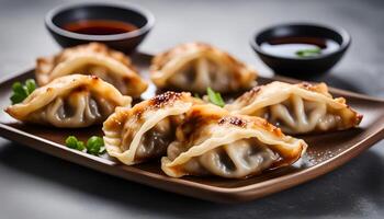 ai genererad taiwanese och japansk stekt i stekpanna gyoza klimp Jiaozi mat i en tallrik med soja sås på grå tabell bakgrund. foto