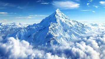 ai genererad enorm snöig berg topp ovan de moln med blå himmel. landskap, snö, mål, mål, is foto