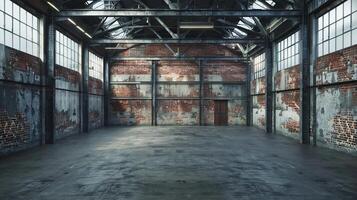 ai genererad tömma gammal lager med industriell loft stil. tegel vägg, betong golv, svart stål tak foto