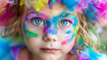 ai genererad närbild, Söt ansikte av en skön barn flicka med mång färger levande smink på minimal bakgrund, generativ ai foto