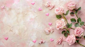 ai genererad terar rosa rosor, en rosett, och papper hjärtan i hedra av hjärtans dag foto