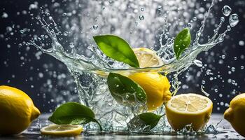 ai genererad vatten stänk på citroner och grön te blad foto