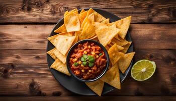 ai genererad nachos majs pommes frites i en tallrik på en trä- tabell. mexikansk mat begrepp. topp se. foto