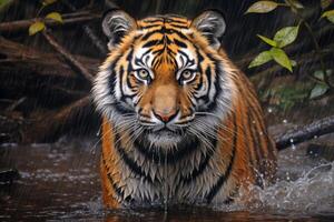 ai genererad närbild porträtt av en tiger gående graciöst genom flod, generativ ai foto