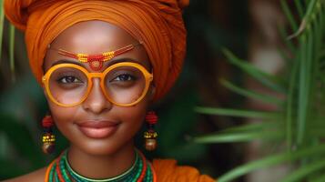 ai genererad porträtt av en självsäker ung kvinna i traditionell afrikansk klädsel foto