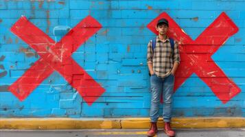 ai genererad ung man stående mot urban graffiti vägg med djärv röd x mönster foto