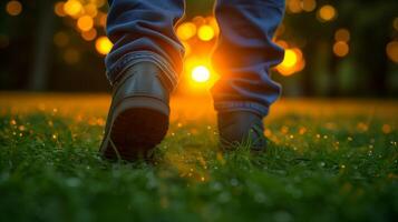 ai genererad gyllene timme promenad i en frodig parkera foto