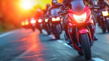 ai genererad motorcyklister ridning tillsammans på solnedgång på öppen väg foto
