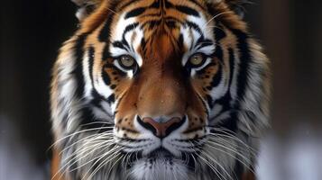 ai genererad stänga upp av tigrar ansikte med suddigt bakgrund foto