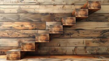 ai genererad modern rustik trä- trappa mot texturerad trä vägg bakgrund foto
