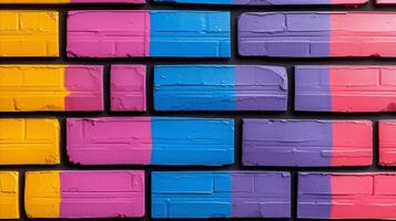 ai genererad färgrik tegel vägg textur med vibrerande rosa, blå, och gul nyanser foto