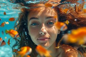 ai genererad skön kvinna med lång svart hår simning i de röd hav med färgrik fisk och koraller foto