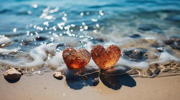 ai genererad perfekt teckning av hjärta form i mjuk sand skön marinmålning bakgrund. romantisk hjärtans dag eller kärlek strand scen, topp antenn se. romantik, smekmånad i semester, sommar resa. foto