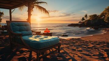 ai genererad skön panorama- natur. tropisk strand solnedgång som sommar ö landskap med stolar paraply handflatan löv lugna hav Strand, kust. foto