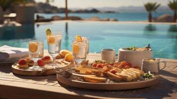 ai genererad frukost i simning slå samman, flytande frukost i lyxig tropisk tillflykt. tabell avkopplande på lugna slå samman vatten, friska frukost och frukt tallrik förbi tillflykt slå samman. foto