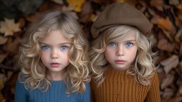 ai genererad porträtt av tvilling systrar med blå ögon i höst miljö foto